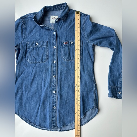 Hollister Blue Cotton Denim Long Sleeve Button Up Logo Jean Shirt Women’s Small - Picture 5 of 8